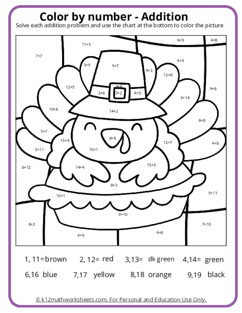 thanksgiving colornumber pages - k12 math worksheets